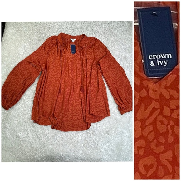 NWT crown & ivy rust icon peasant top boho gypsy leopard animal print L - Picture 1 of 11